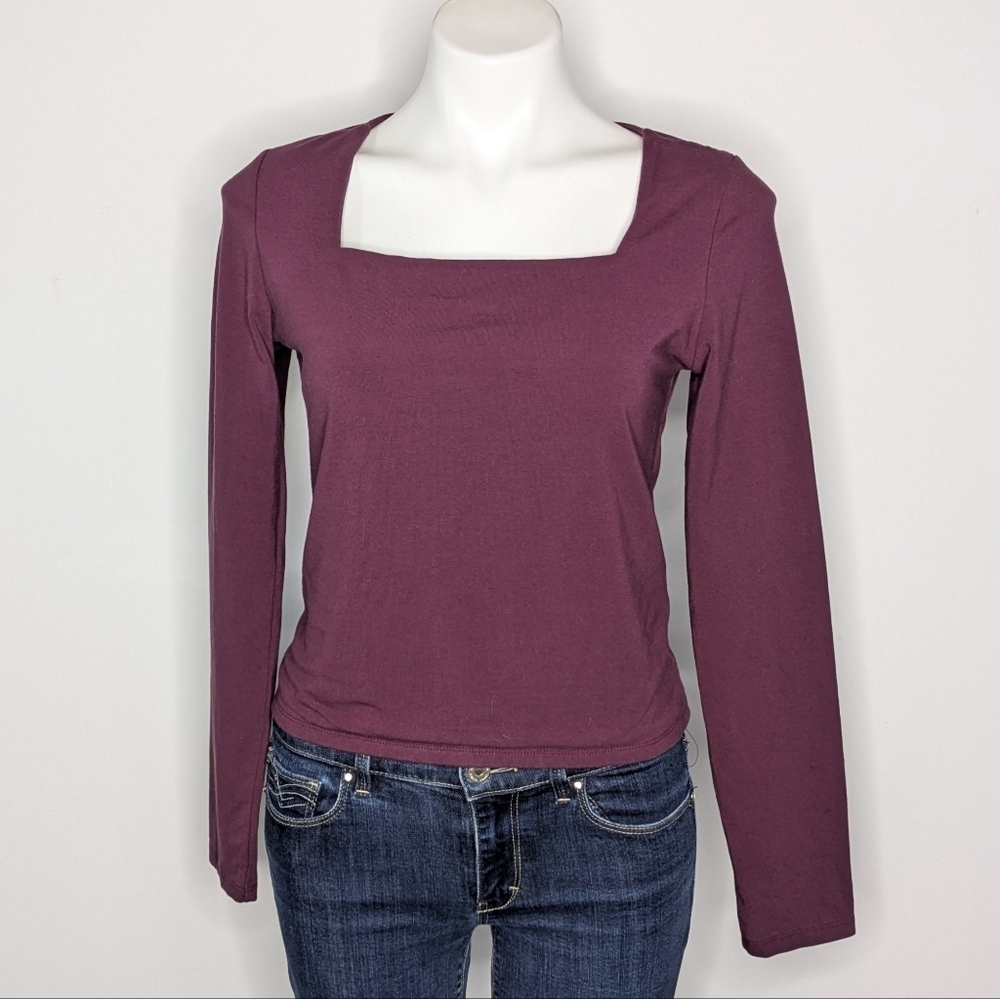 Express Purple Square Neck Long Sleeve Cotton Blend Top M